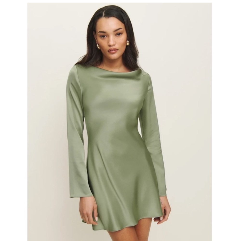 NWT Reformation Pike Satin Dress Mini Short Long Sleeve Artichoke Green Medium